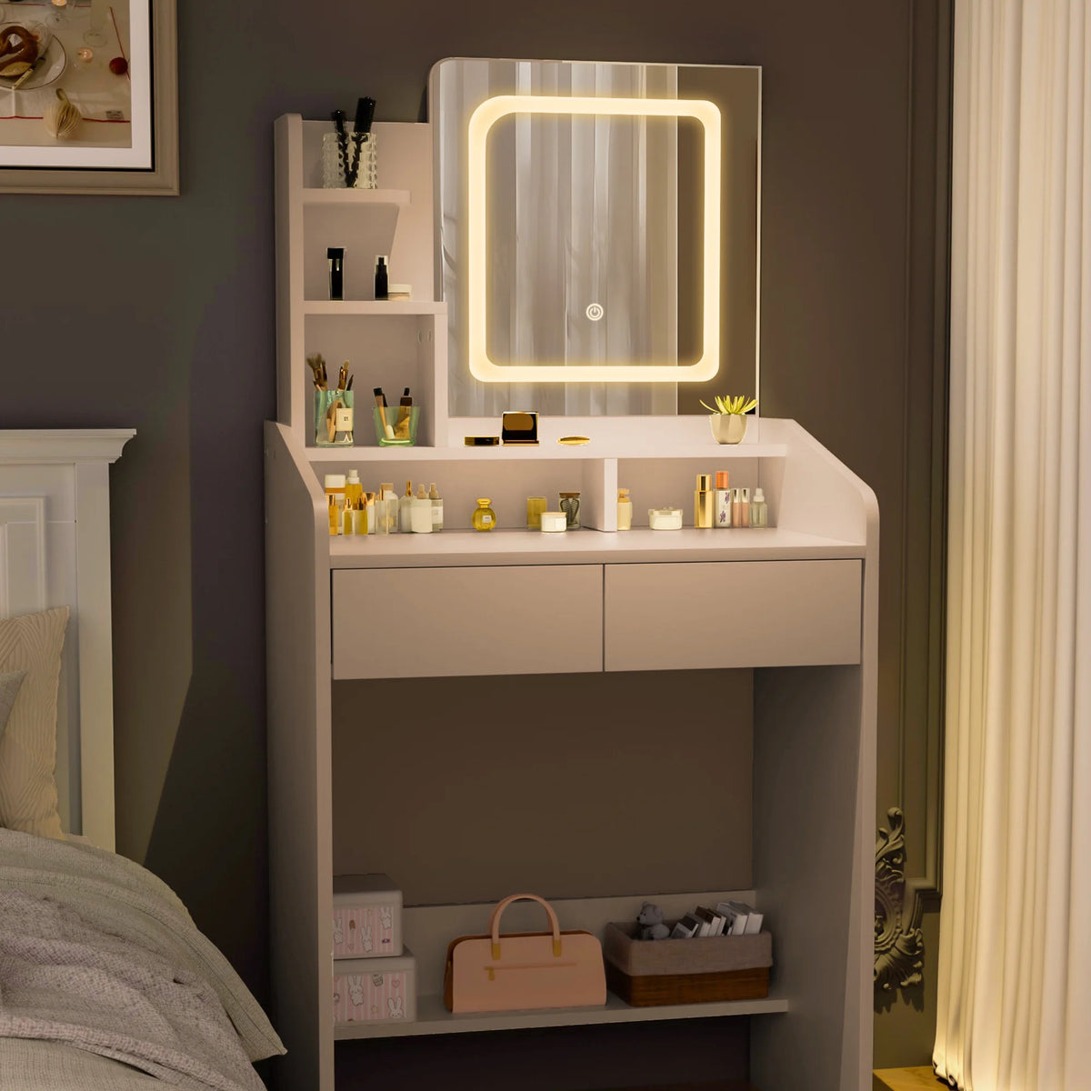LIVELYGLOW Vanity Desk Set with Square Mirror and Light- Small Vanity Table with Drawers- White