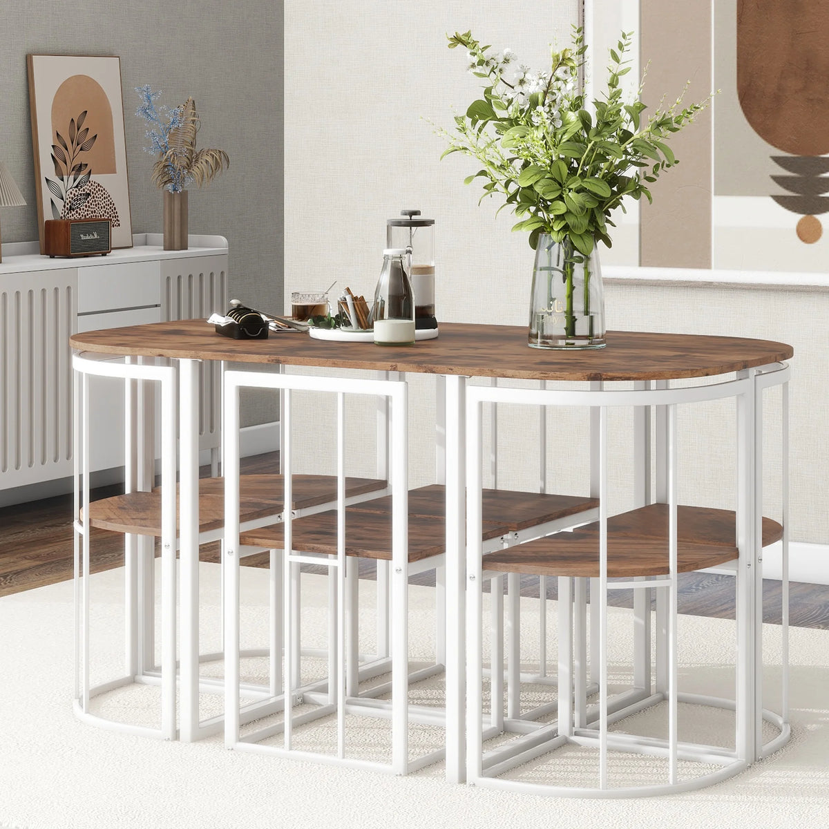 7-Piece Dining Table Set with 6Stools - Industrial Compact Kitchen Table & Chairs Sets, Space-Saving Design for Apartment, Small Space, Breakfast Nook