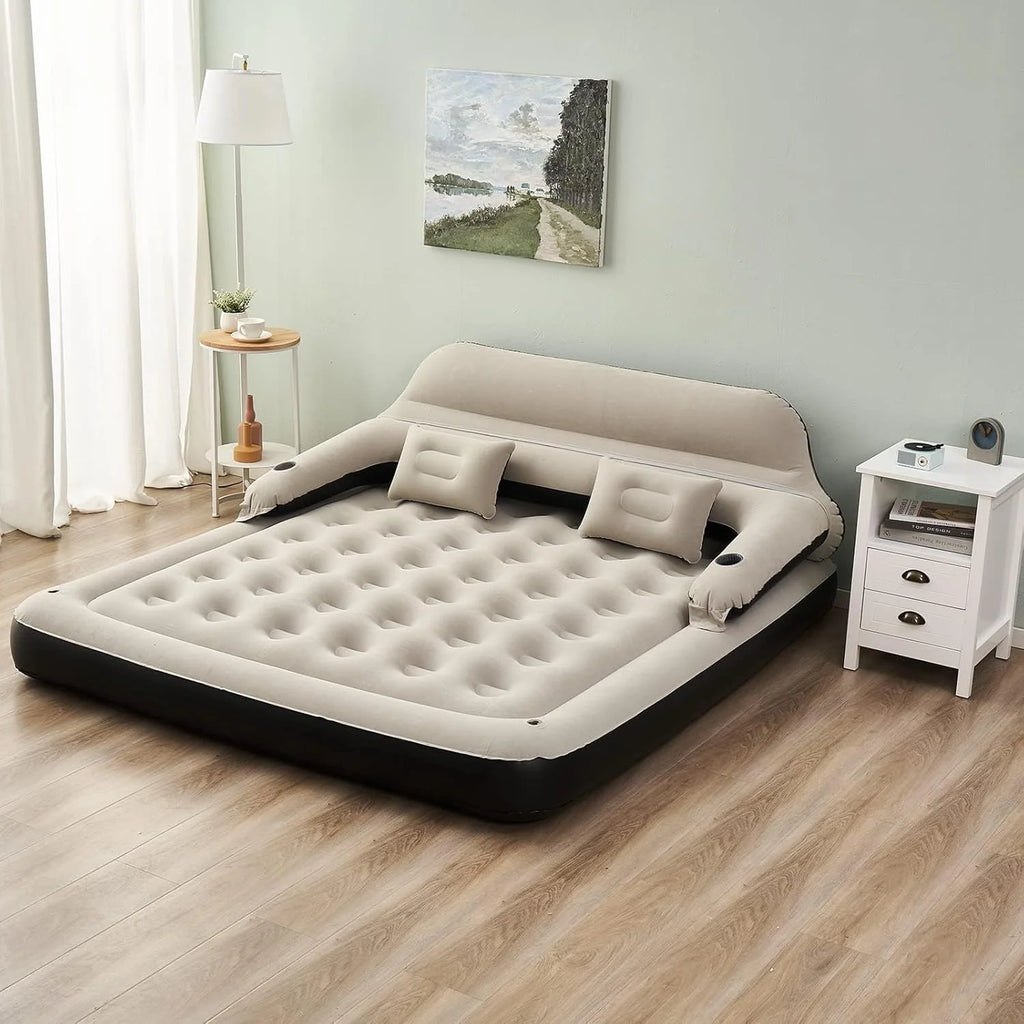 Queen Size Air Mattress Sofa Bed with Headboard and Pillow, Inflatable Bed for Outdoor Overnight