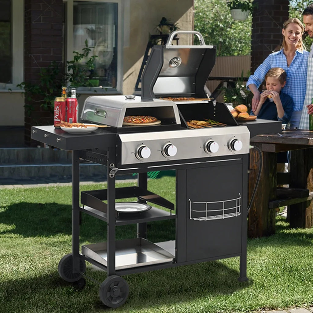 4-Burner BBQ Grill W/Side Burner, 50,000BTU Gas Propane Grill Portable with Storage Cabinet, Heavy-Duty Stainless Steel Outdoor Cooking, with Tank Hook, Towel Rack, Steel Brush