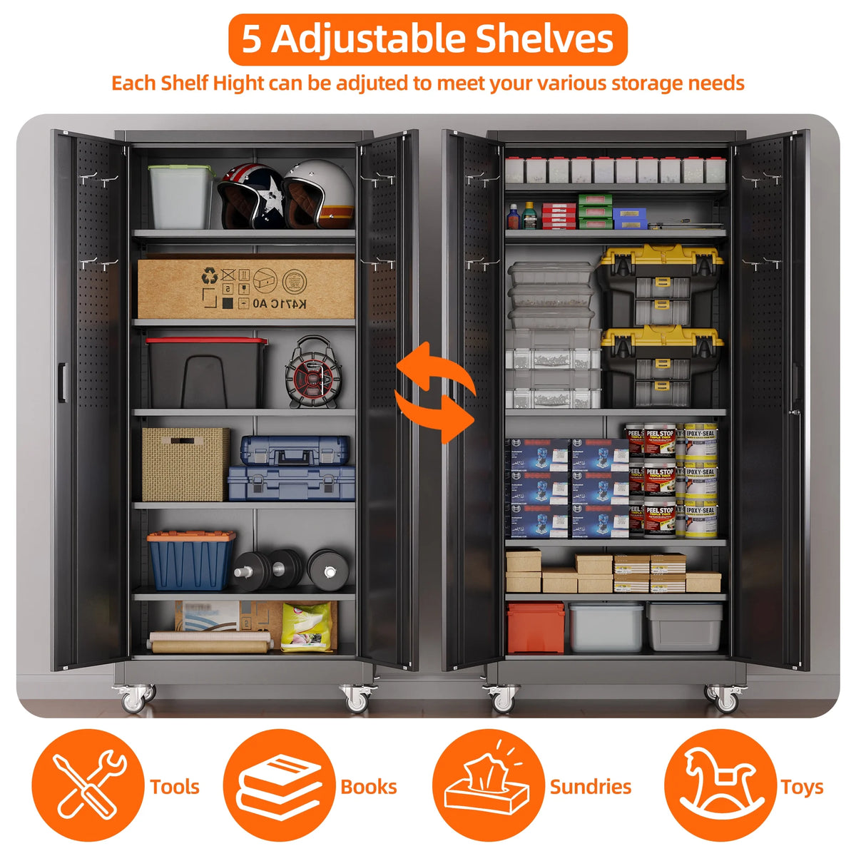 GangMei 71 Inches Tall Metal Garage Storage Cabinets with 5 Adjustable Shelves & Pegboards, Lockable Steel Black Storage Cabinet with Doors for Office, Home, School, Shops, Garage, Assembly required