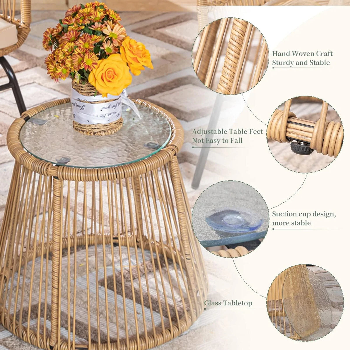 RADIATA 6-Piece Boho Patio Furniture Set, Outdoor Wicker Sectional Sofa Conversation Set with Ice Bucket & Coffee Table, 500lbs Capacity, Beige