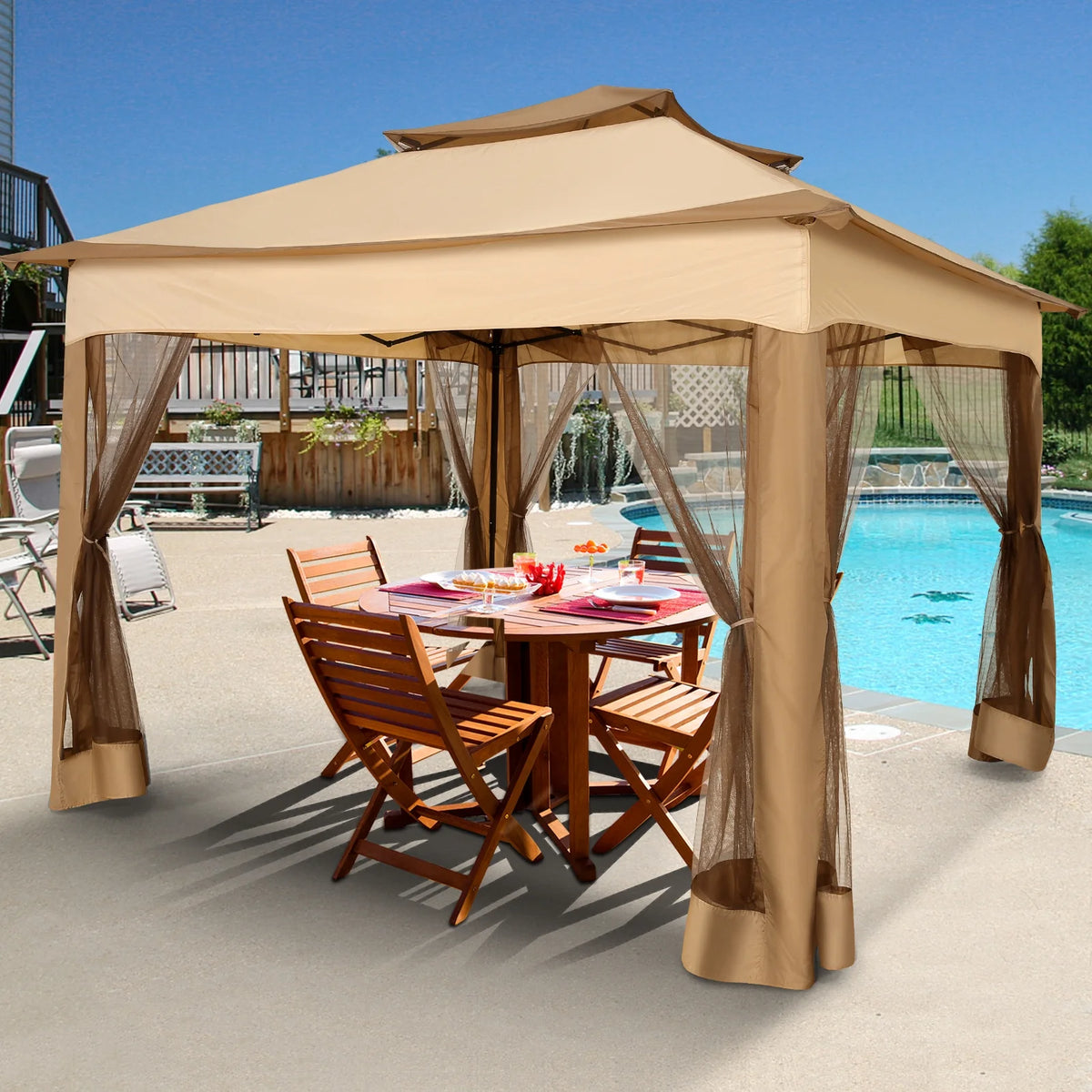 HOTEEL 12x12 Outdoor Pop-up Gazebo Canopy with Mosquito Netting 2-Tiered Vented Top 3 Adjustable Height for Backyard, Garden, Lawn,Light Grey