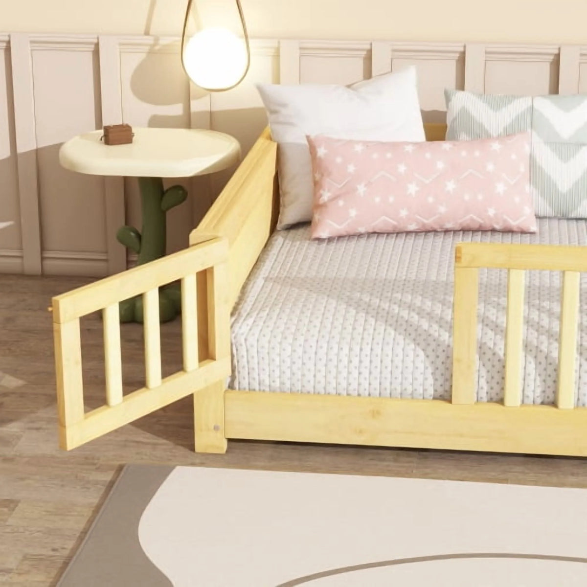 Bellemave Twin Size Floor Bed with Fence, Montessori Floor Twin Bed with Built-in Book Rack, Solid Wood Twin Bed with Slats and Safety Guardrails, Natural