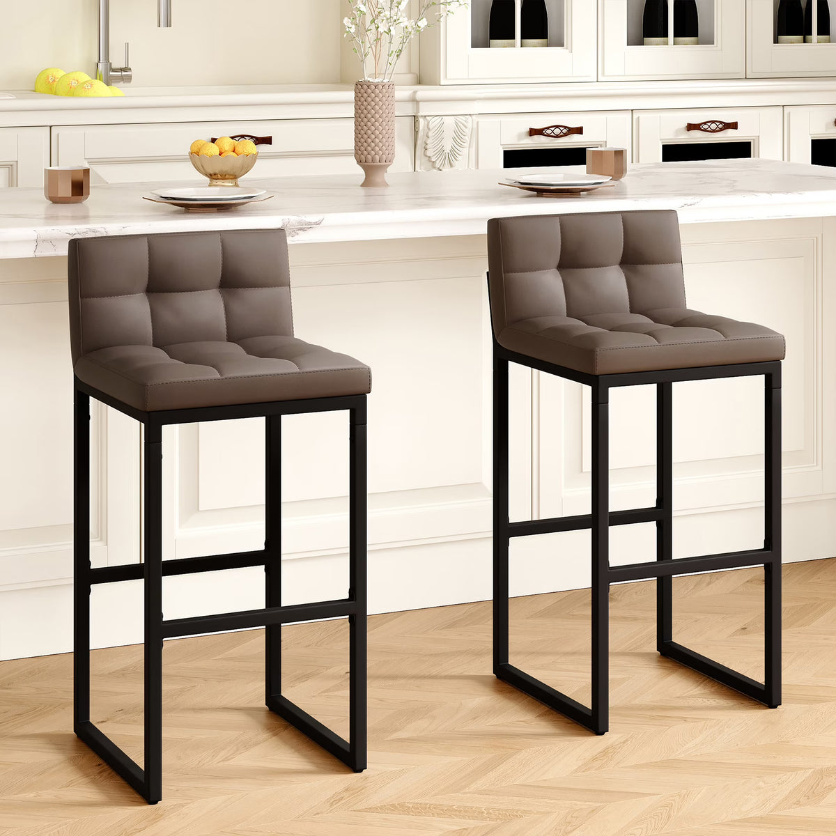 FIRAVOE Bar Stools Set of 3, Counter Height Bar Stools (Low Back)(Thickened Frame) 26" PU Leather Barstools Bar Chairs for Kitchen Island, Black