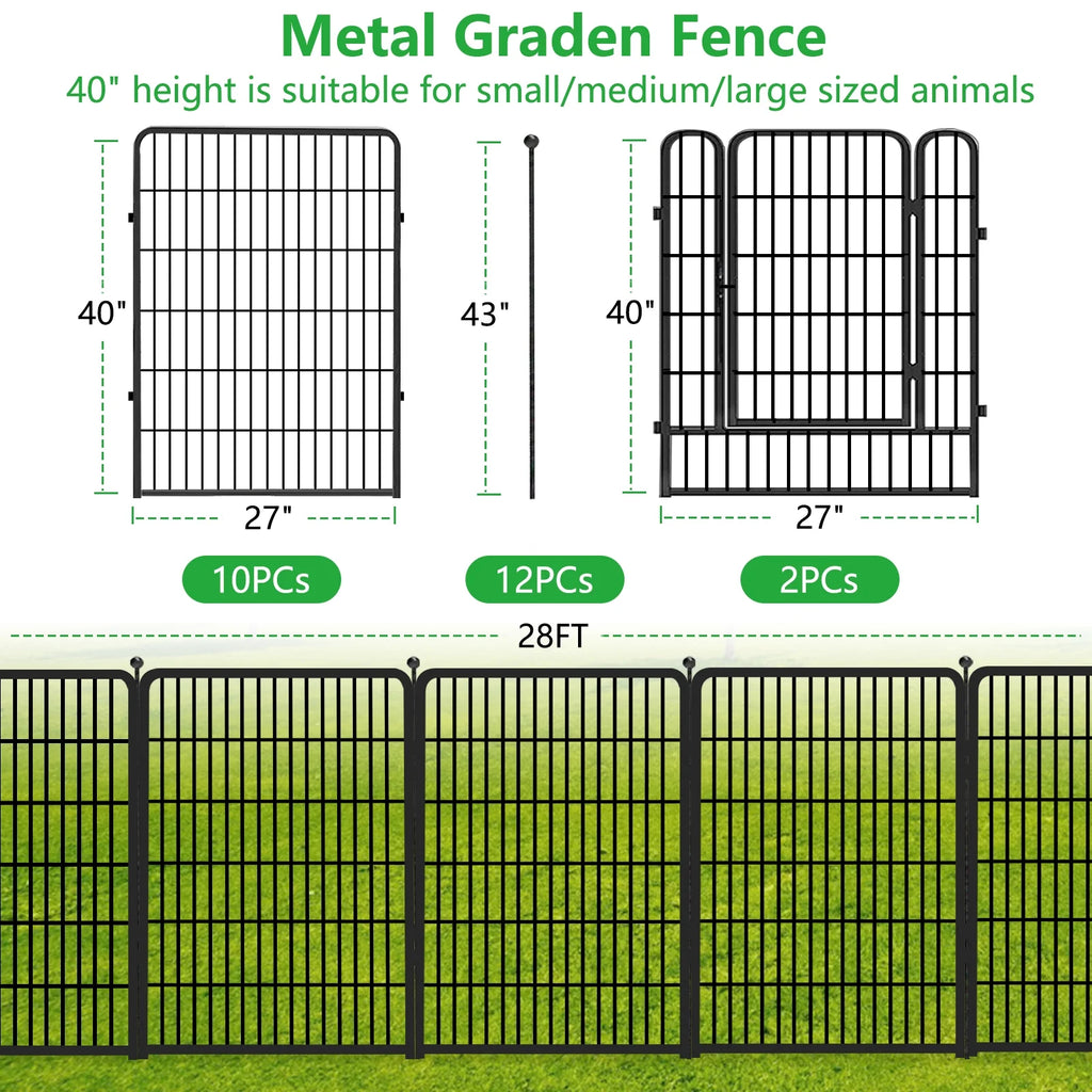 Txh001 Metal Garden Fence 28ft(L) 40in(H) Animal Barrier Metal Decorative Garden Fencing with Gate