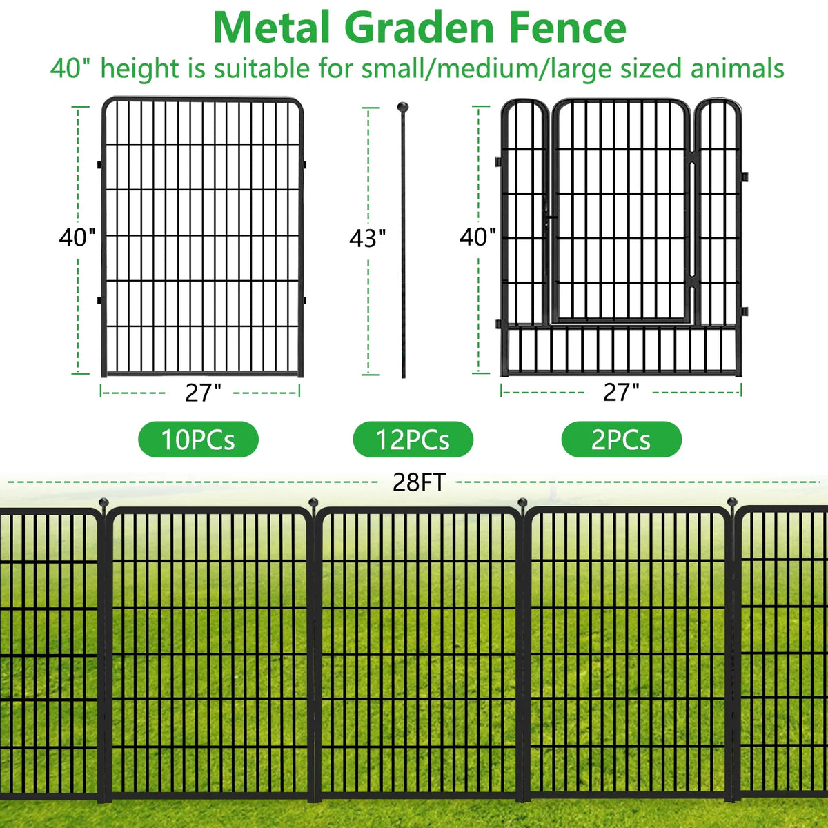 Txh001 Metal Garden Fence 28ft(L) 40in(H) Animal Barrier Metal Decorative Garden Fencing with Gate