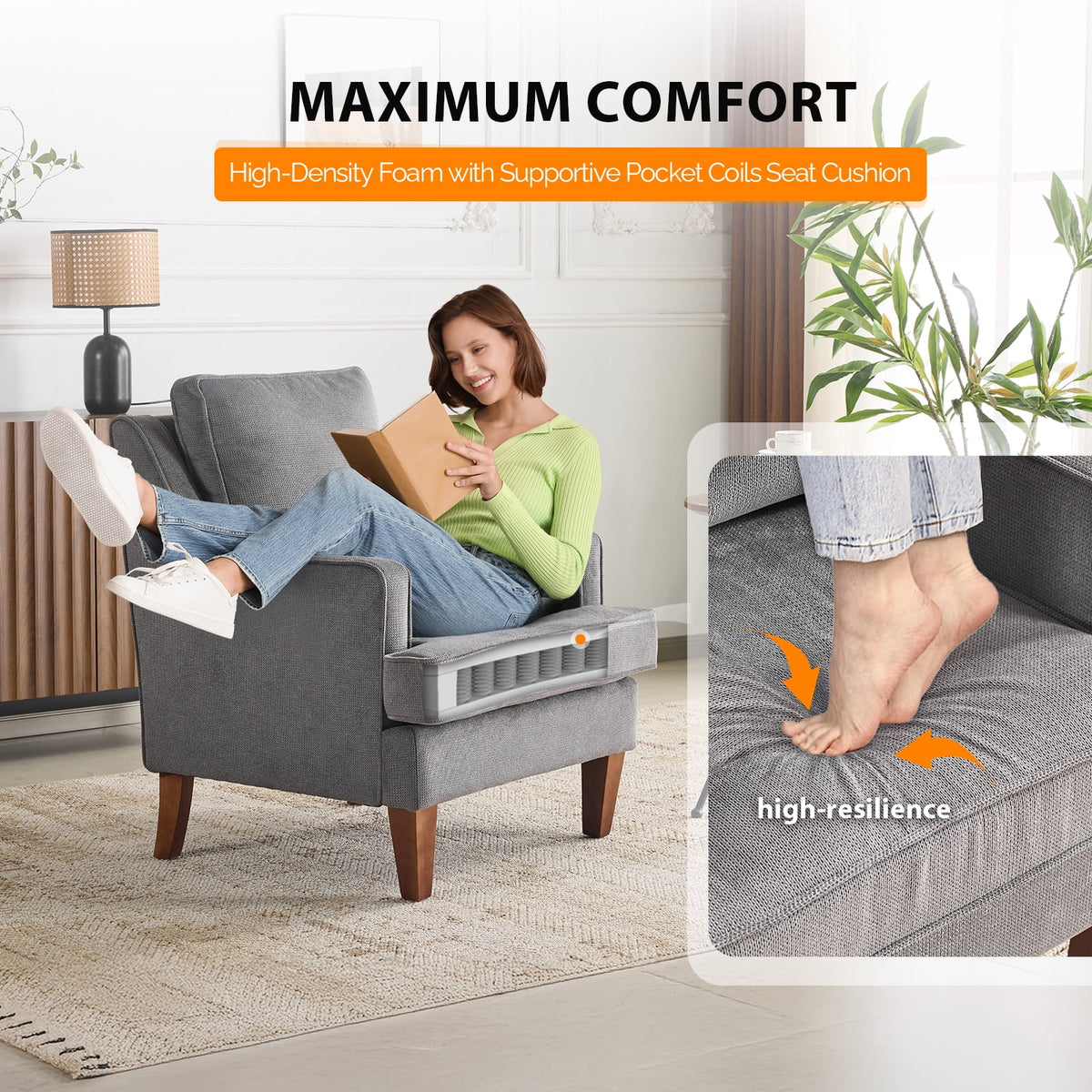 Ktaxon Fabric Accent Chair, Reading Armchair with Removable Cushion, Single Sofa with Extra Seat Depth for Living Room Bedroom Black