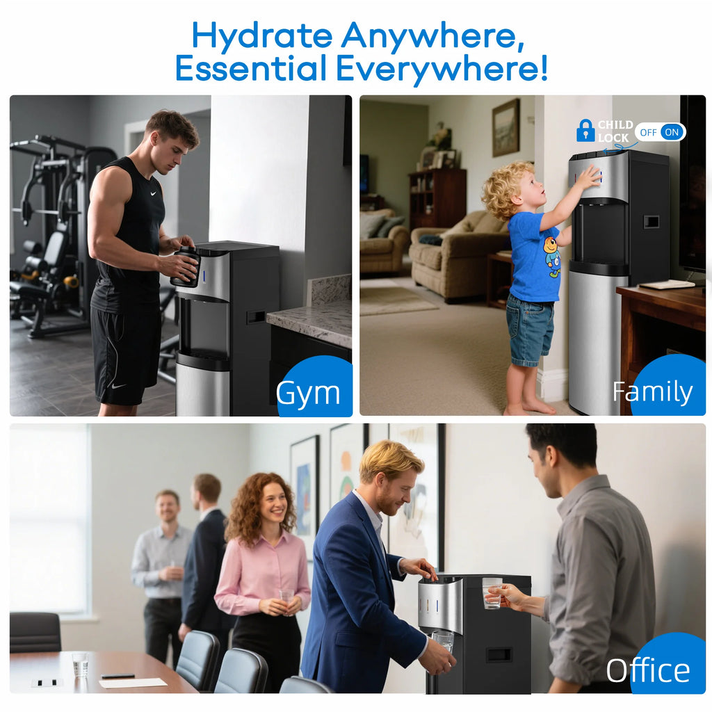 UrbanSync Bottom-Mounted Water Dispenser, 3 Temperatures (Hot, Cold, and Room), with Safety Lock, LED Lighting, Empty Bottle Alert, Silver