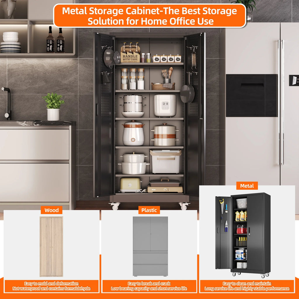 GangMei 71 Inches Tall Metal Garage Storage Cabinets with 5 Adjustable Shelves & Pegboards, Lockable Steel Black Storage Cabinet with Doors for Office, Home, School, Shops, Garage, Assembly required