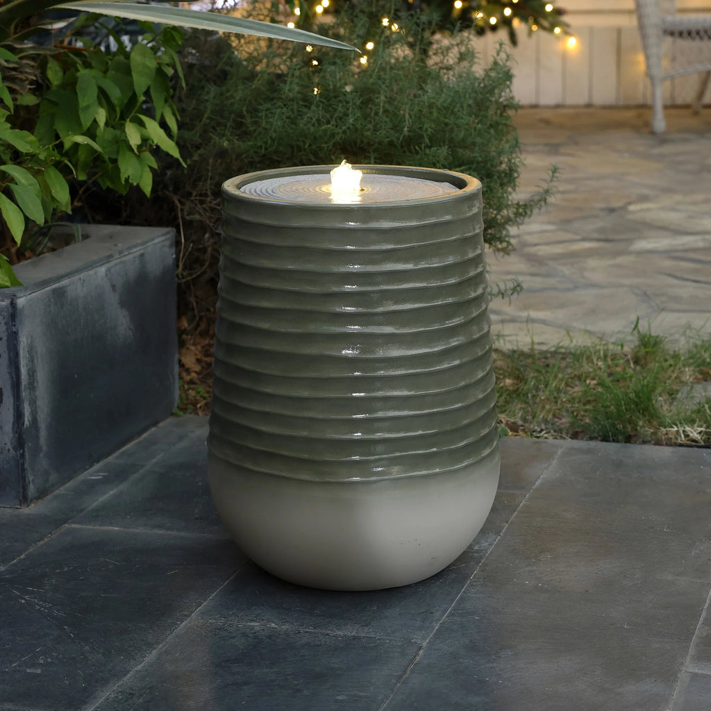 LuxenHome 20" Resin Lighted Garden Bubbling Water Fountain with Emerald Ribbed Top and Ivory Bottom