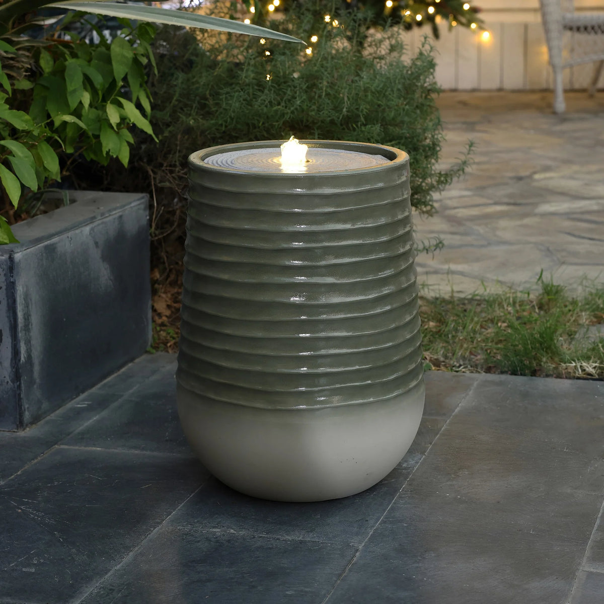 LuxenHome 20" Resin Lighted Garden Bubbling Water Fountain with Emerald Ribbed Top and Ivory Bottom