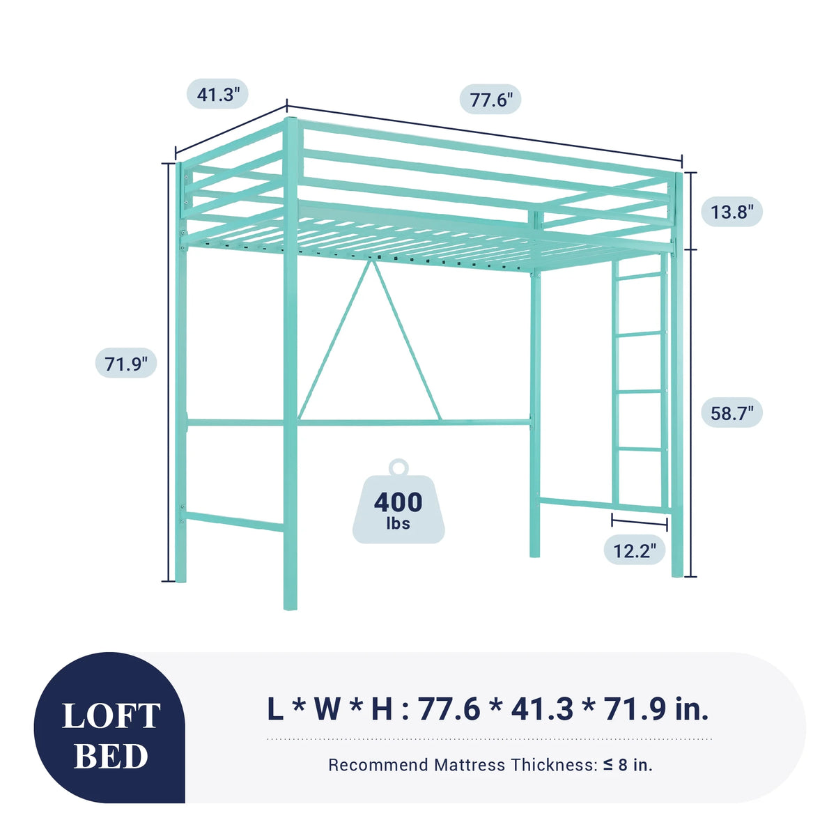 Sifurni Black Heavy Duty Twin Size Metal Loft Bed with Full-Length Guardrail & Removable Stairs
