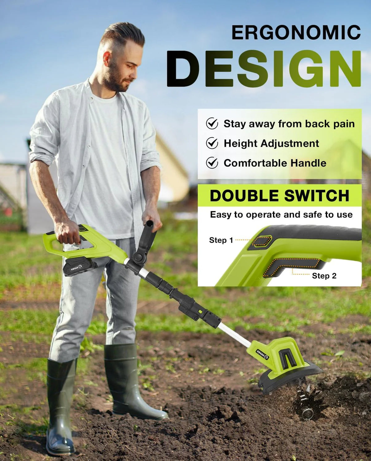 Saker 22V Cordless Electric Garden Tiller Cultivator, Lightweight Rototiller for Gardening, 9-Inch Tilling Width, 6.3-Inch Depth for Soil Preparation, Weeding, and Gardening 2 Batteries SK-TC18B