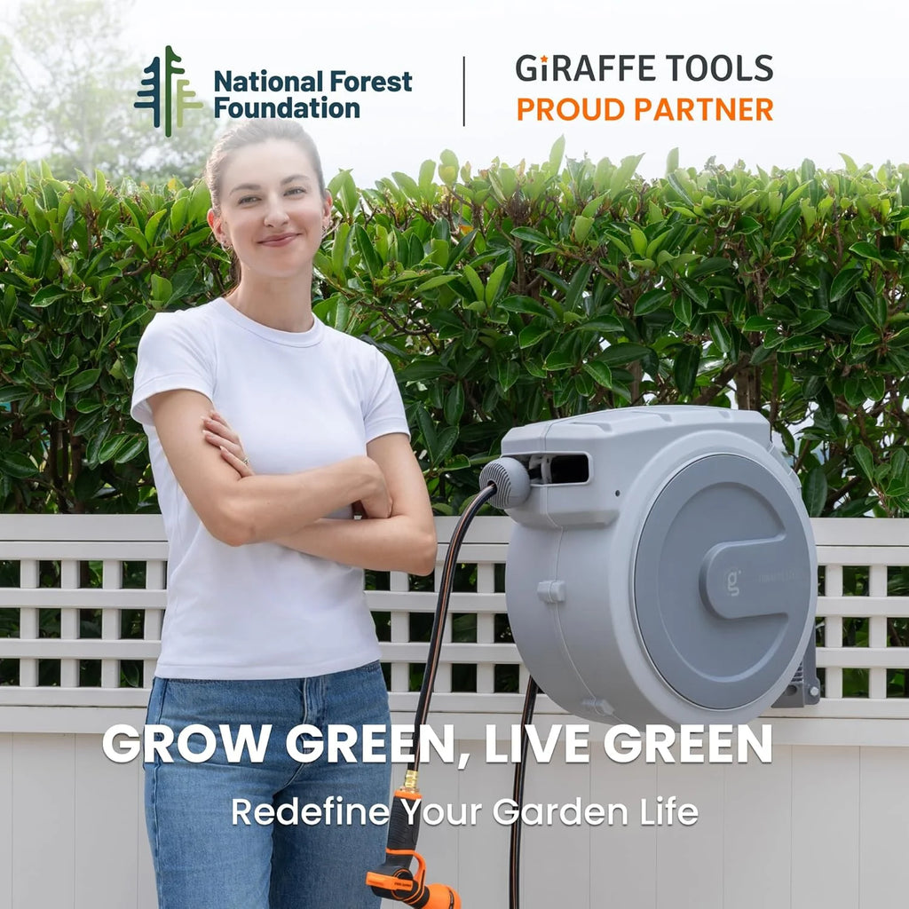 Giraffe Tools Retractable Garden Hose Reel with 1/2in-100ft Water Hose, Plastic Bracket, Wall Mounted, Dark Grey