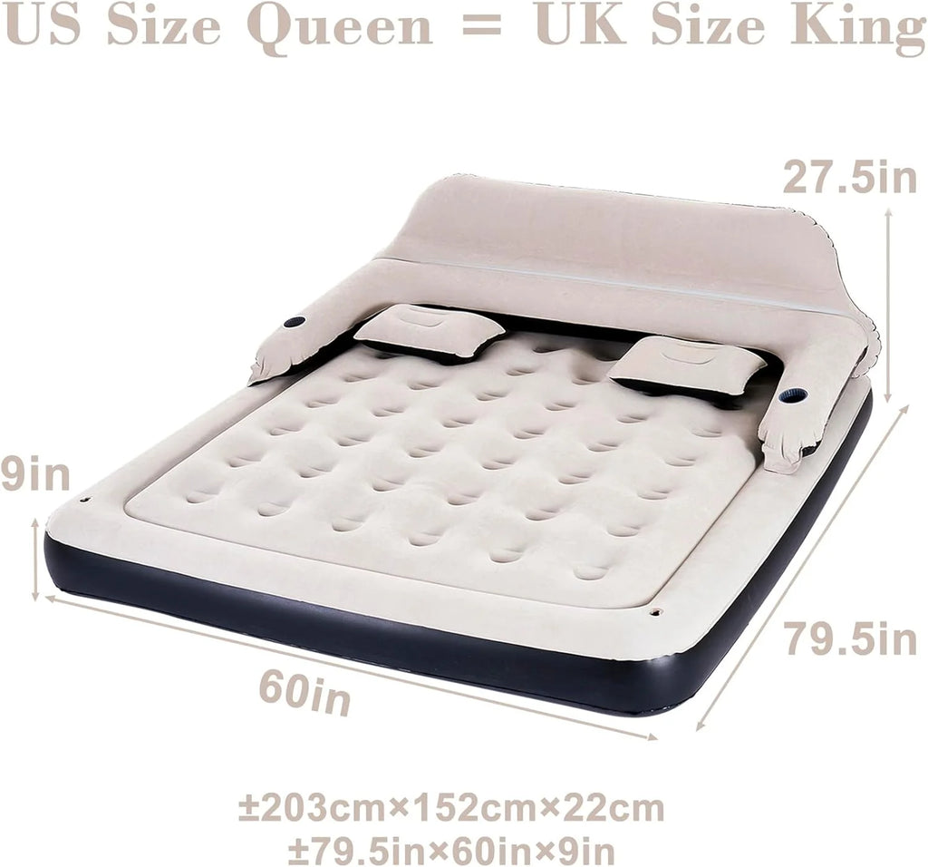 Queen Size Air Mattress Sofa Bed with Headboard and Pillow, Inflatable Bed for Outdoor Overnight