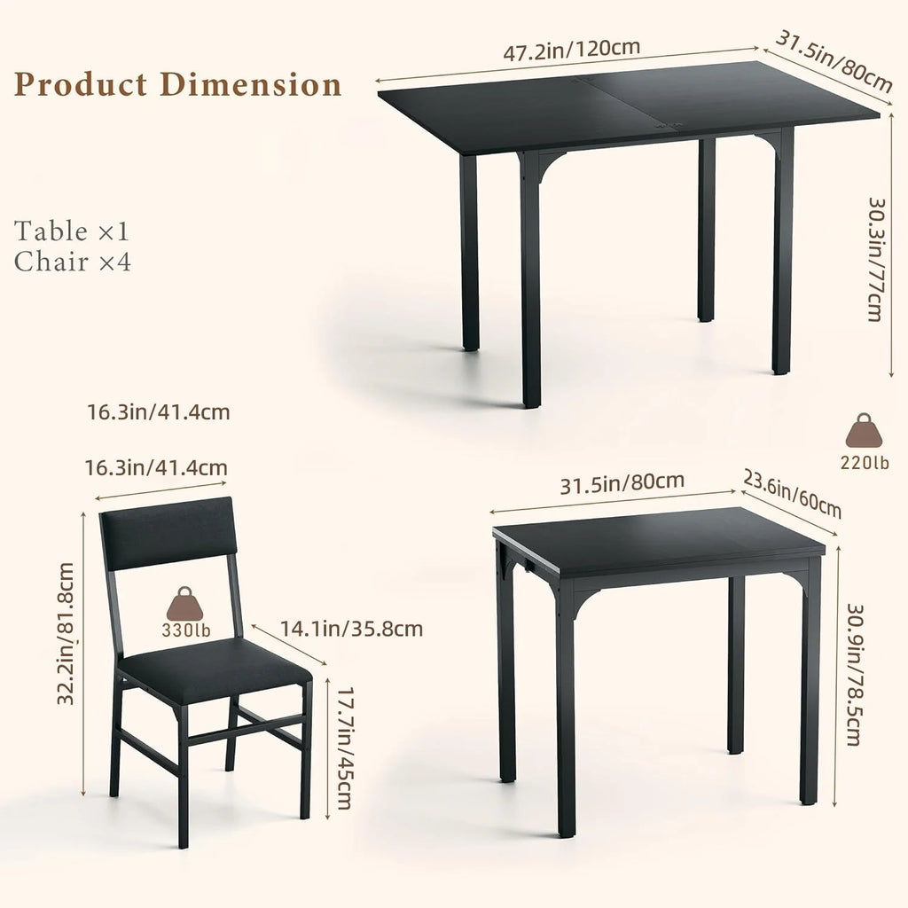 Fairy Dining Table Set for 4, Extendable Kitchen Table Cushion Chairs Set of 4, Rectangle Dining Table with Metal Frame & MDF Board, Folding for Small Apartment Saving Space, Black