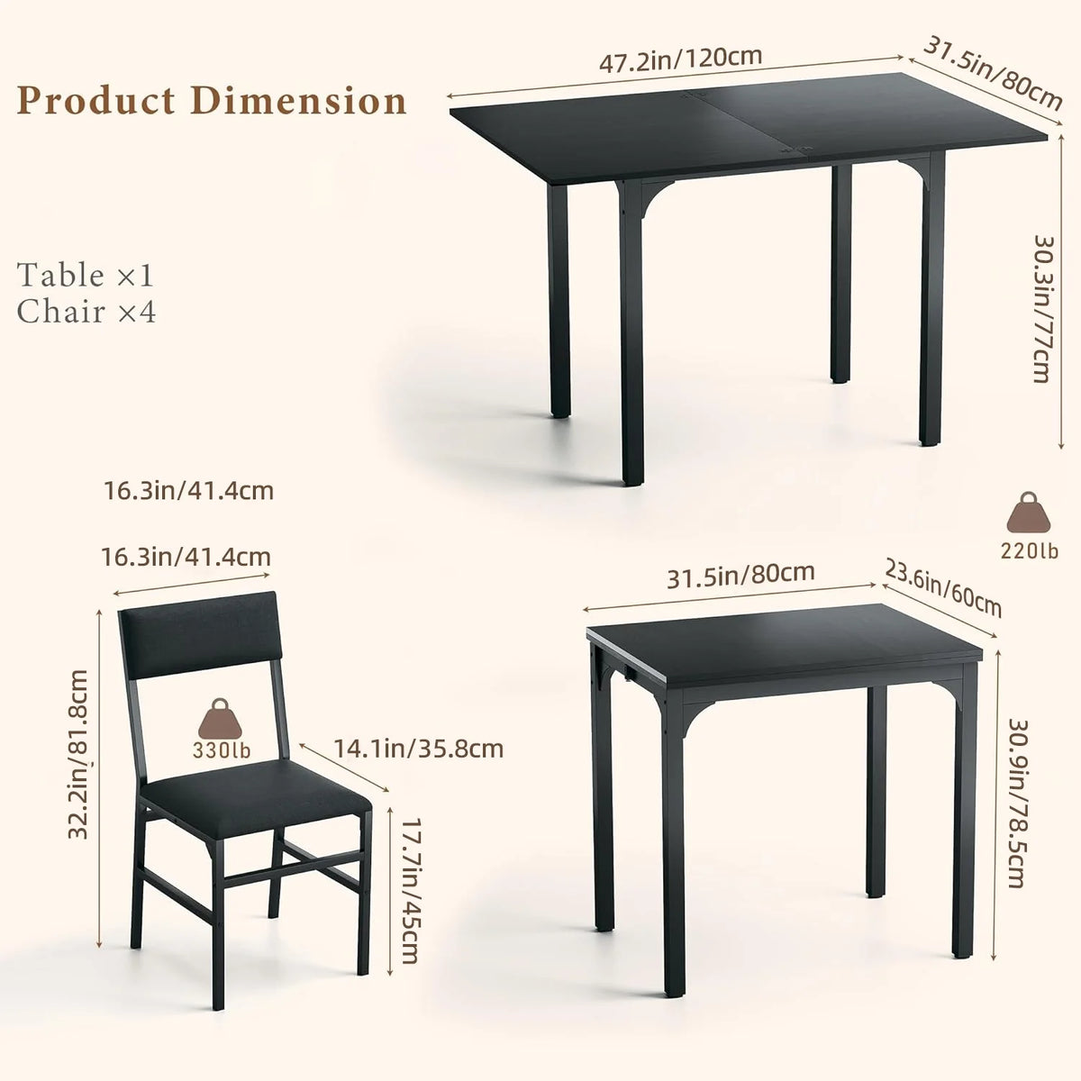 Fairy Dining Table Set for 4, Extendable Kitchen Table Cushion Chairs Set of 4, Rectangle Dining Table with Metal Frame & MDF Board, Folding for Small Apartment Saving Space, Black
