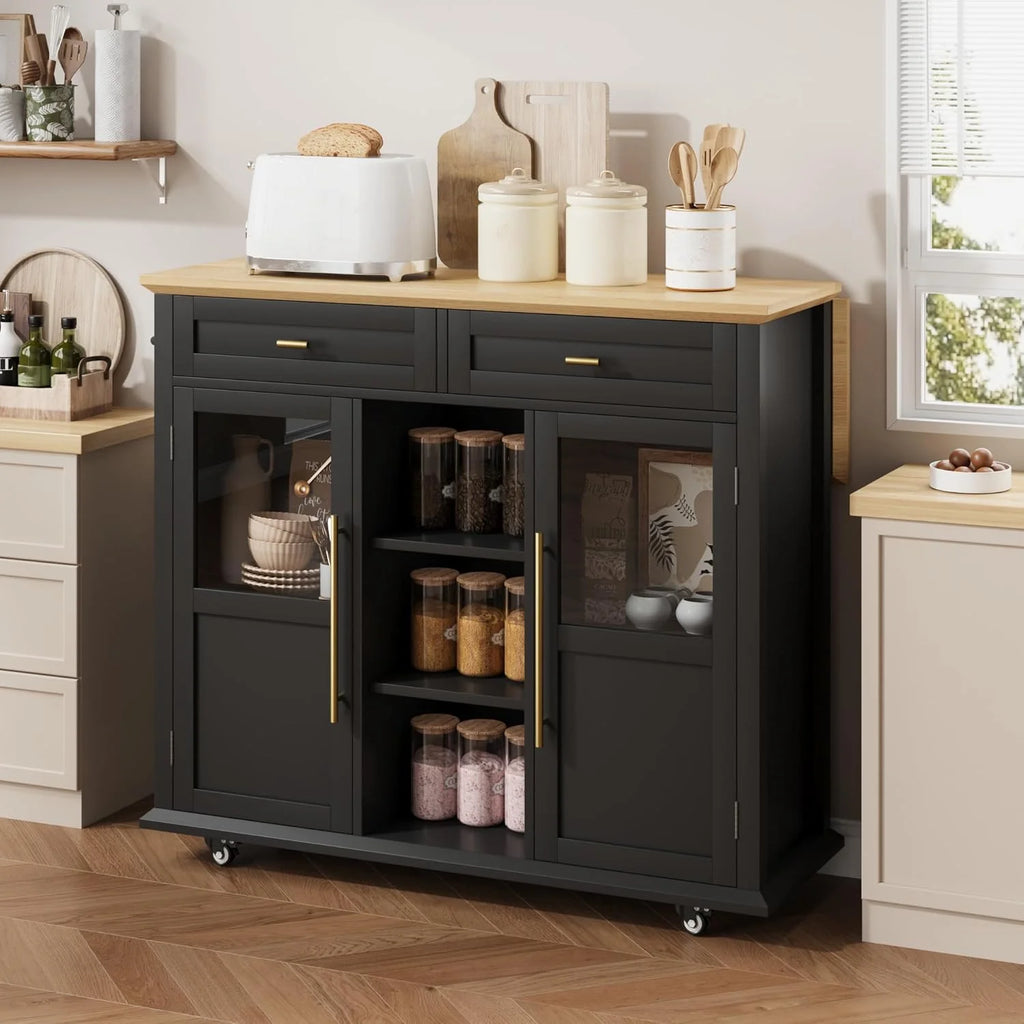 WALYWIK Foldable Kitchen Island Cart with Wheels, 2 Glass Doors, Spice Rack & Towel Holder Compact Mobile Storage Cart for Small Kitchens, Dining Rooms, Camping & RVs - Grey
