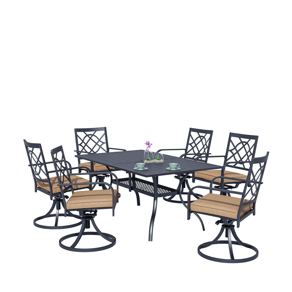 SUNCROWN 5-Piece Outdoor Wrought Iron Chairs and Table Patio Dining Furniture Set - 4 Stackable Metal Chairs, 1 Steel Slat Bistro Table and 1 Sky Blue 9Ft Patio Umbrella for Garden Backyard Deck
