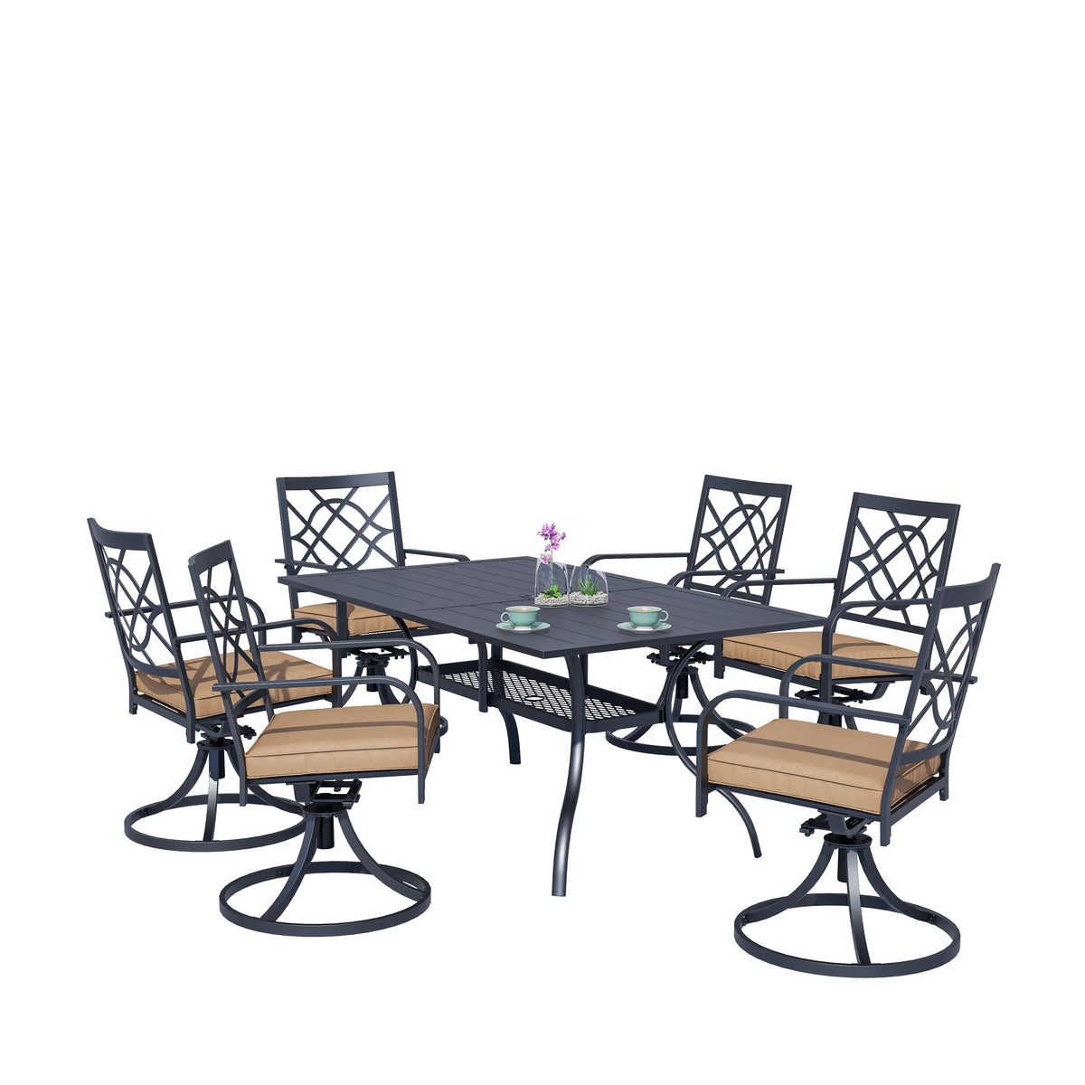 SUNCROWN 5-Piece Outdoor Wrought Iron Chairs and Table Patio Dining Furniture Set - 4 Stackable Metal Chairs, 1 Steel Slat Bistro Table and 1 Sky Blue 9Ft Patio Umbrella for Garden Backyard Deck