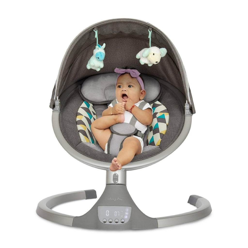 Dream On Me Zazu Baby Swing. Baby Swing for Infant. 5 - Swinging Speed. Two Attached Toys. Bluetooth Enabled and Remote Control. Grey and Blue