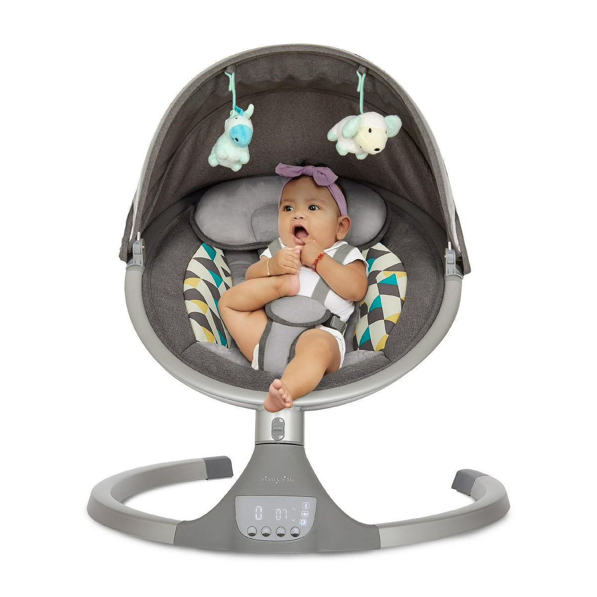 Dream On Me Zazu Baby Swing. Baby Swing for Infant. 5 - Swinging Speed. Two Attached Toys. Bluetooth Enabled and Remote Control. Grey and Blue
