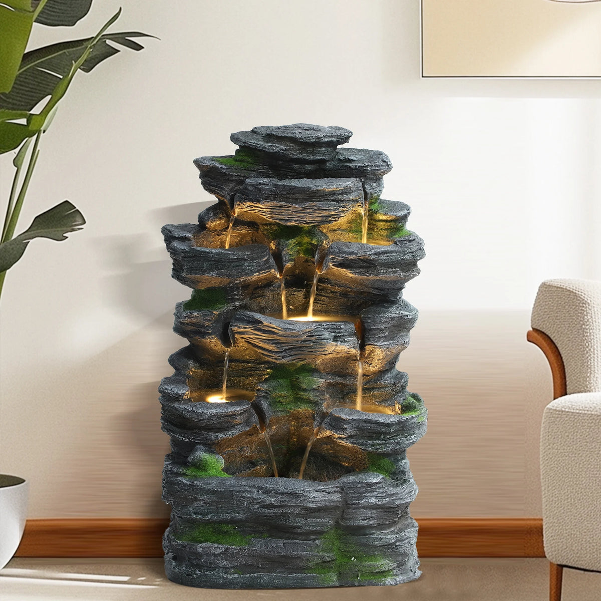 Magic Union 7-Tier Cascading Rock Water Fountain, 24" H Outdoor Freestanding Fountain with LED Lights and Pump, Outdoor Garden Waterfall Decor for Patio, Yard and Deck Decor, Natural Stone Look
