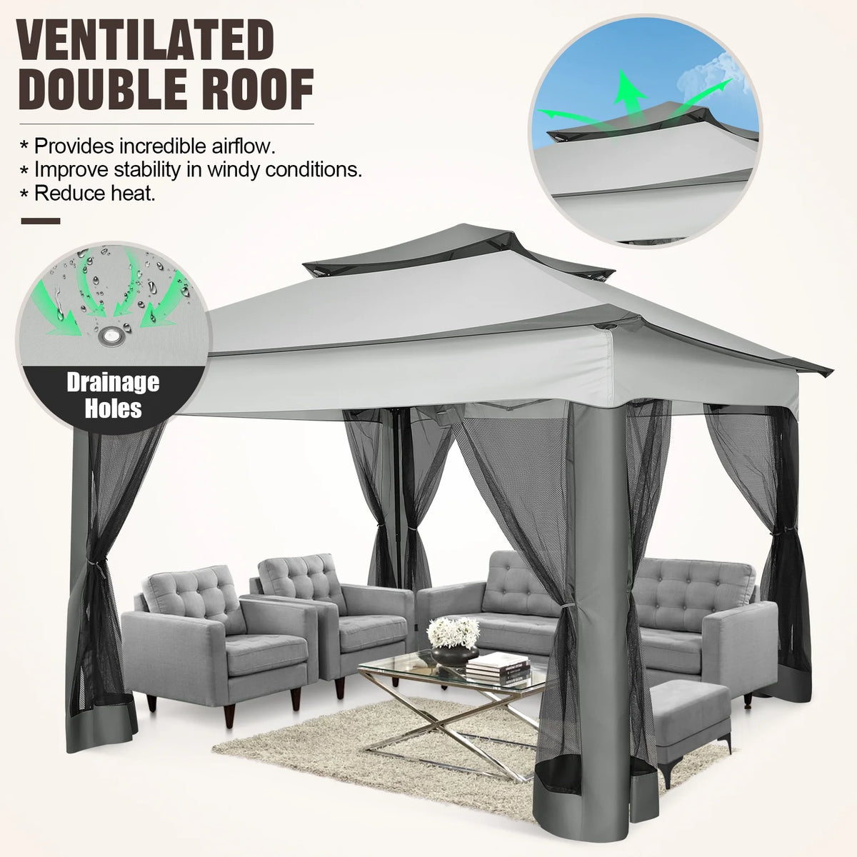 HOTEEL 11x11 Outdoor Waterproof Gazebo, Pop up Canopy Gazebo with Mosquito Netting & UV Protection for Parties, Camping, Weddings, and Backyard Events, Gray
