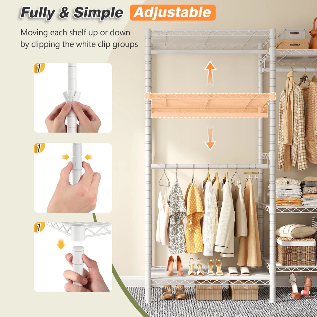 EnHomee 830 LBS Clothes Rack Heavy Duty Garment Rack with 4 Rods & 7 Shelves, Adjustable Metal Closet Organizer 77"H x 69"W x 16"D Black