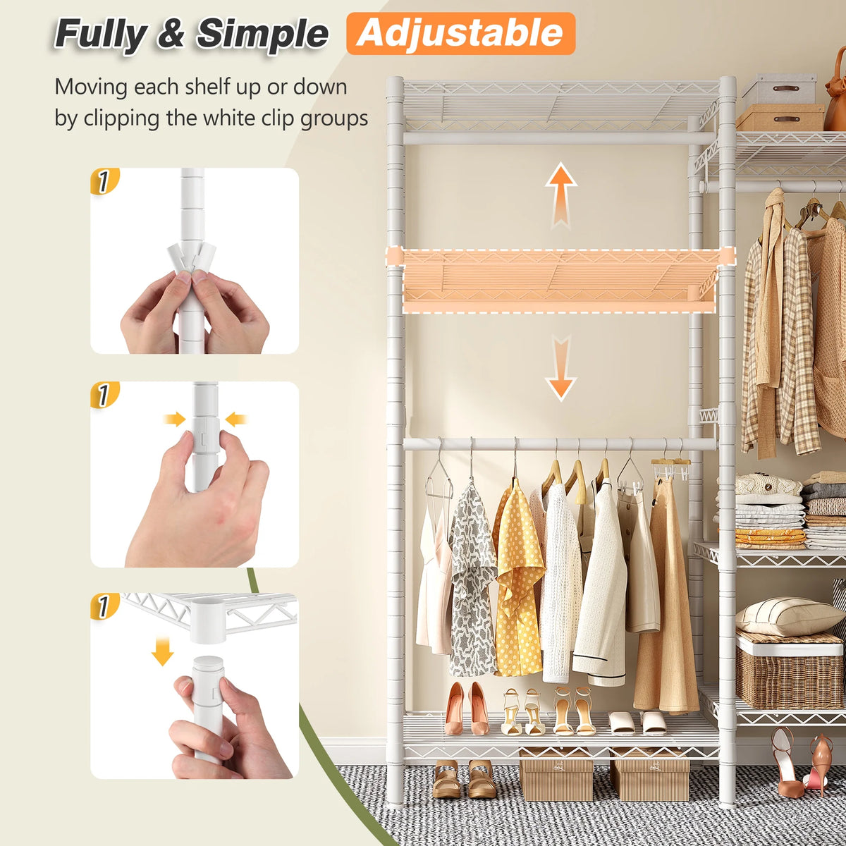 EnHomee 830 LBS Clothes Rack Heavy Duty Garment Rack with 4 Rods & 7 Shelves, Adjustable Metal Closet Organizer 77"H x 69"W x 16"D Black