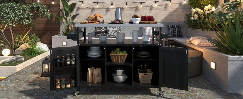 Outdoor Kitchen Island, Rolling Bar Cart & Storage Cabinet, Farmhouse Solid Wood Outdoor Grill Table with Stainless Steel Top, Spice Rack , Towel Rack for Kitchen & BBQ , Natural