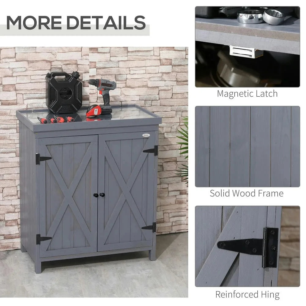 Spaco Garden Storage Cabinet, Outdoor Tool Shed with Galvanized Top and Two Shelves, Yard Tools or Pool Accessories, Gray