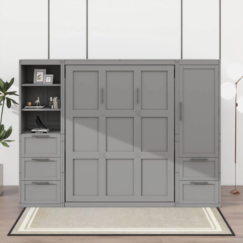 YunNianYang Queen Size Gray Murphy Bed Wall Bed with Closet ,Drawers and Shelves