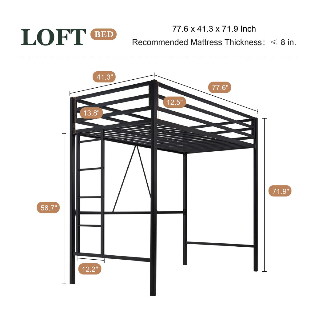 Amolife Twin Size Heavy Duty Metal Loft Bed with Removable Ladder & Full-Length Guardrail, Black