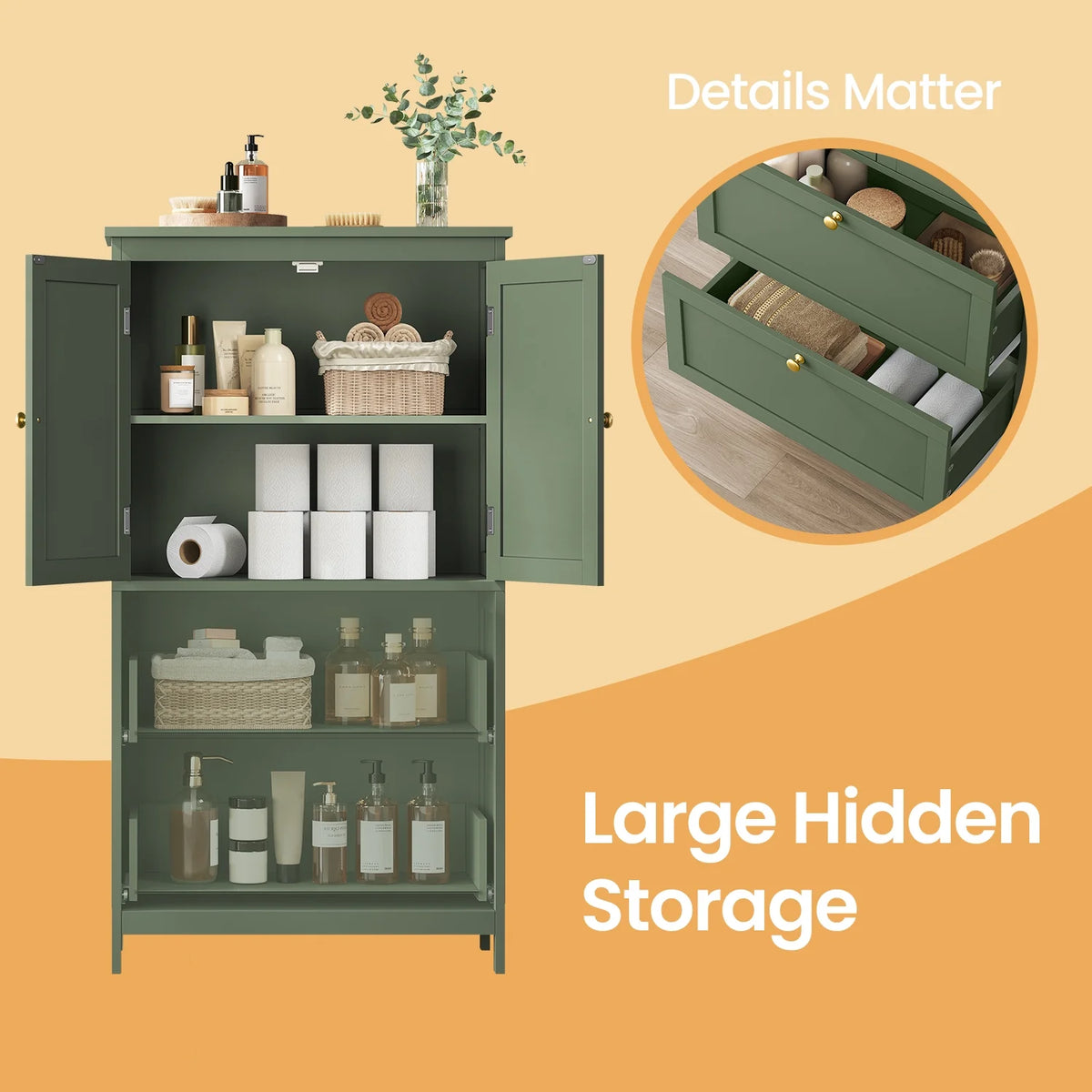LEDREM Freestanding Storage Cabinet with 2 Doors & 2 Drawers, Adjustable Shelf, Wall-Mounted Anti-Tip Design, 11.8" x 23.6" x 43.3", Forest Green