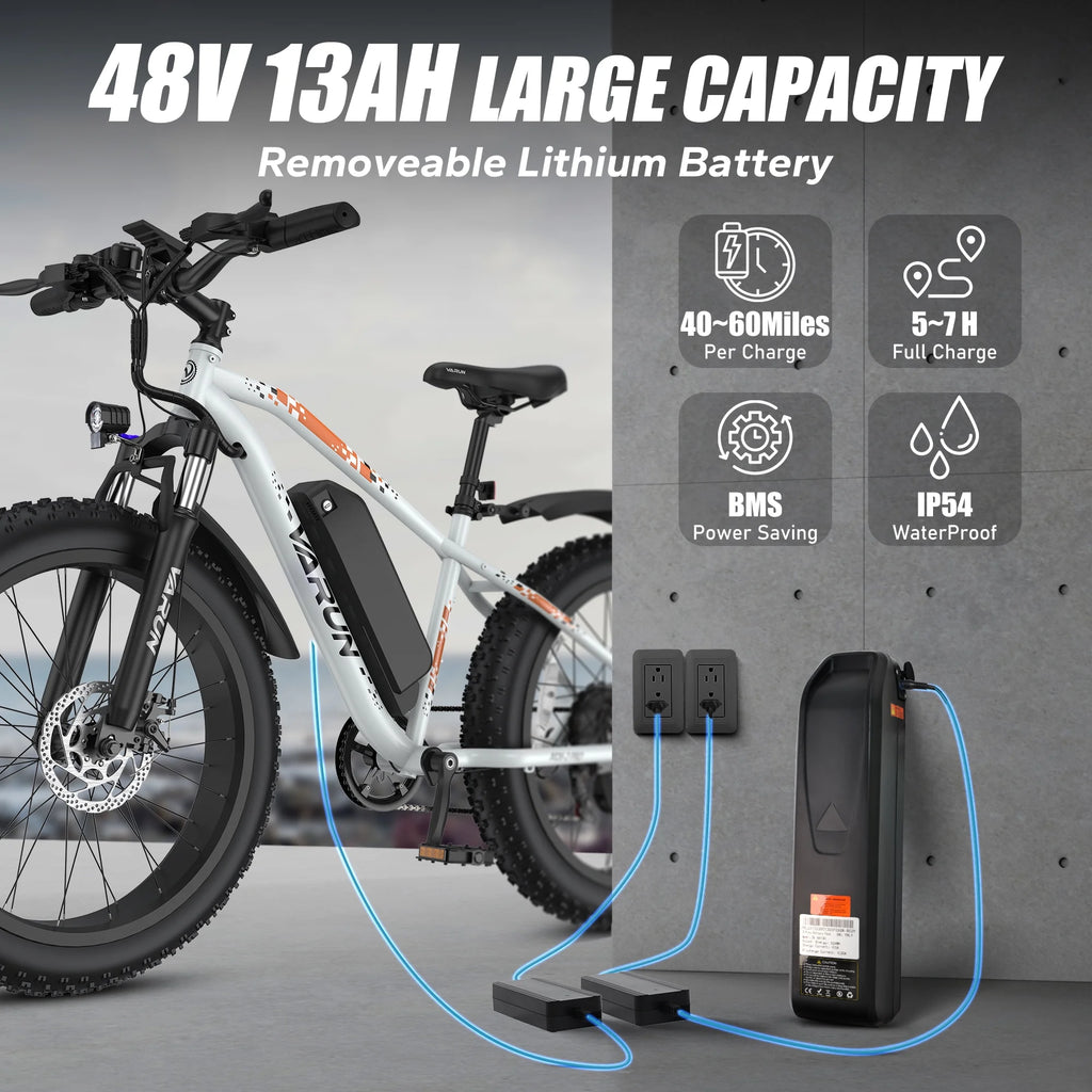 VARUN Electric Bike for Adults, 26" Fat Tire Ebike with Peak 750W 48V 13AH Battery, Electric Mountain Bicycle for Men & Women with 25MPH 50Miles