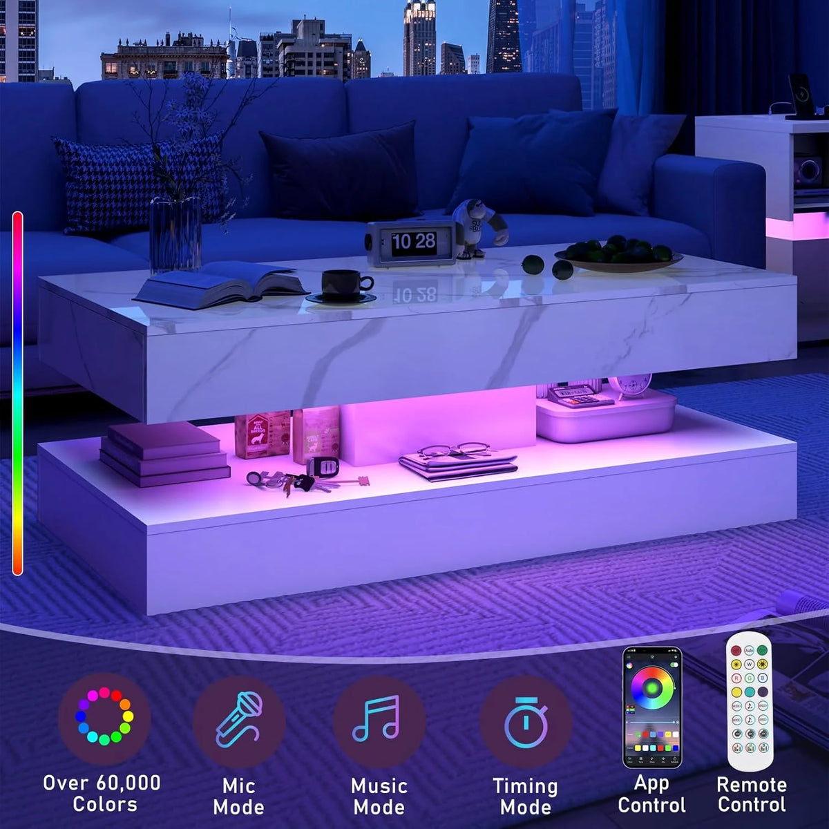 ChVans Large Black LED Coffee Table with 2 Storage Drawers, Modern High Gloss Coffee Table w/20 Colors LED Lights/APP Control, 2 Tiers Rectangle Large Living Room Furniture w/Marbling Print(47.3")