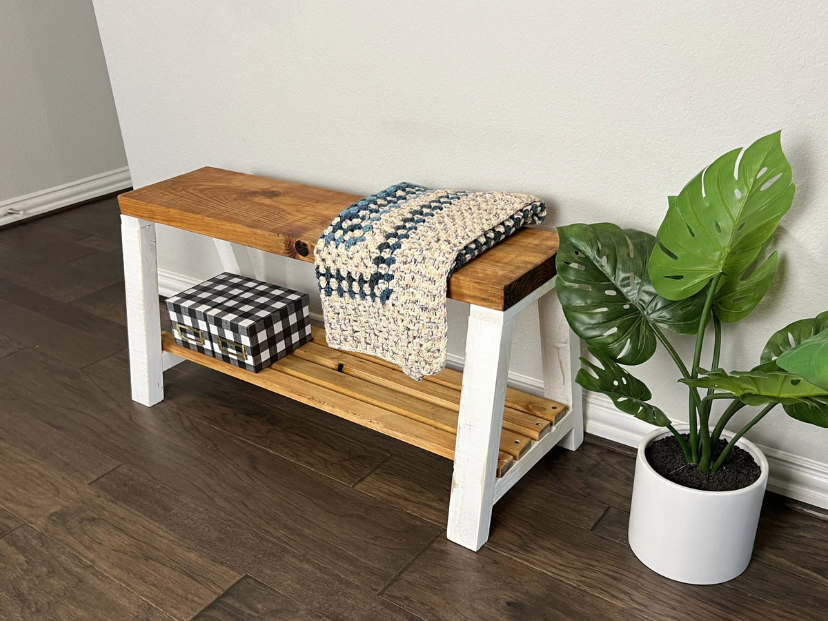 Farmhouse Pine Wood Storage Shelf Bench, Lt Brown White