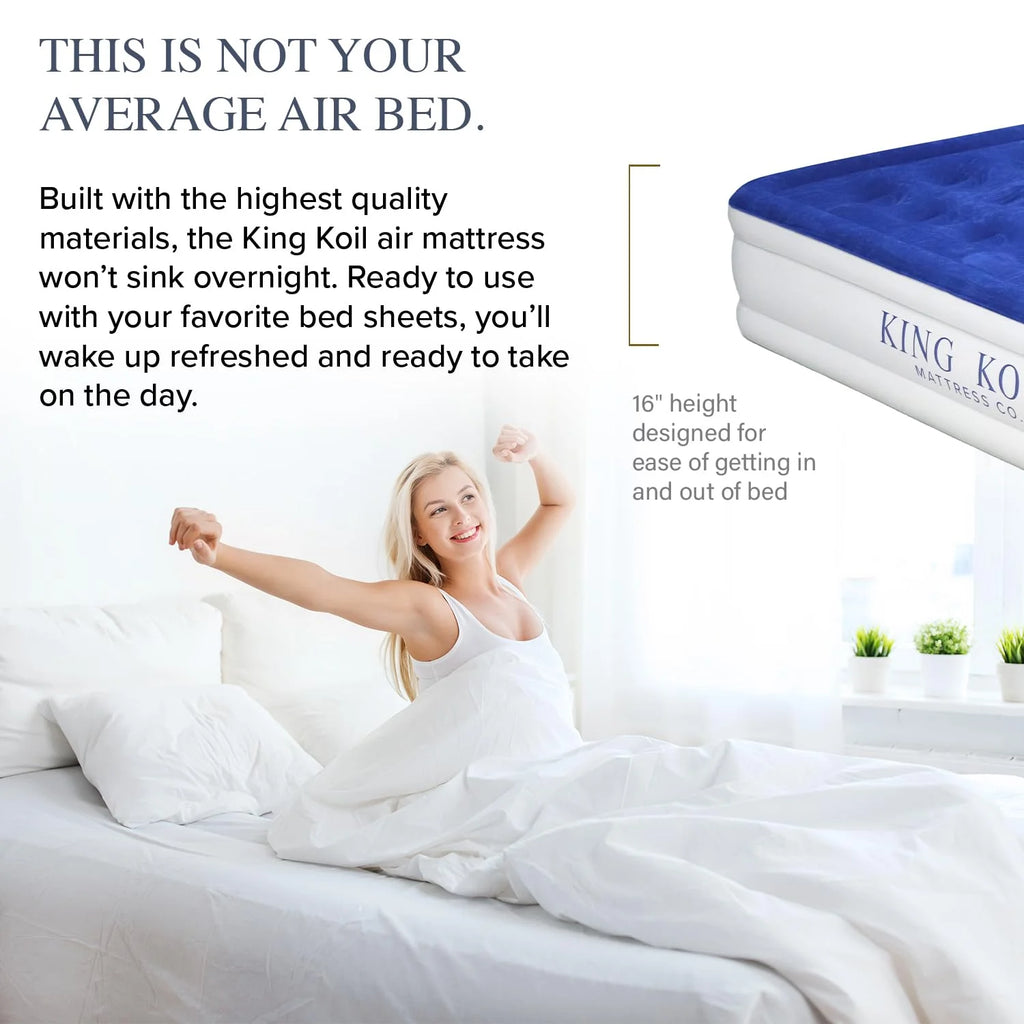 King Koil Pillow Top Plush Queen Air Mattress With Built-in High-Speed Pump Best For Home, Camping, Guests, Queen Size Luxury Double Airbed Adjustable Blow Up Mattress, Waterproof, 1-Year Warranty