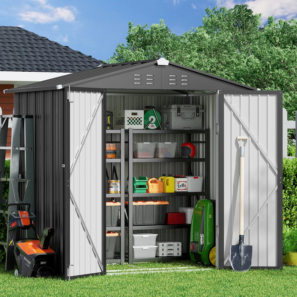 Aiho 8 x 6 FT Outdoor Storage Shed on Clearance with Metal Base  Frame and Double Lockable Doors for Garden, Patio - Gray