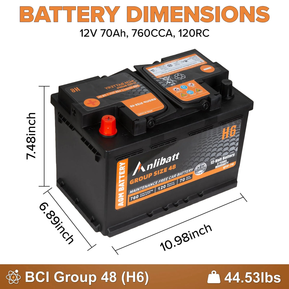 Anlibatt BCI Group 48 Battery, AGM 12 Volt Rechargeable Automotive Batteries for Car, H6 760CCA 70Ah 120RC, Maintenance Free