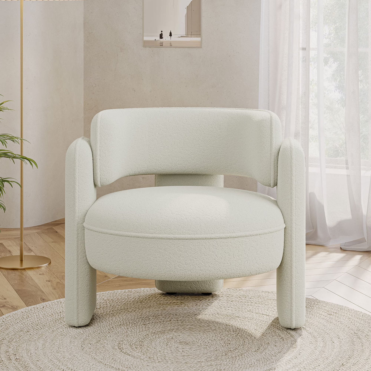 BELLEZE Sherpa Boucle Chair, Modern Barrel Accent Chair Comfy Round Upholstered Armchair Accent Side Chair for Living Room, Bedrooms, Corner - Quinton White