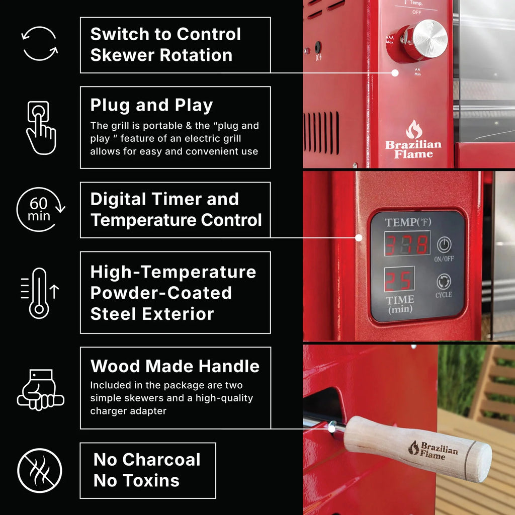 Brazilian Flame 2-Skewer Brazilian Rotisserie Electric Grill in Red