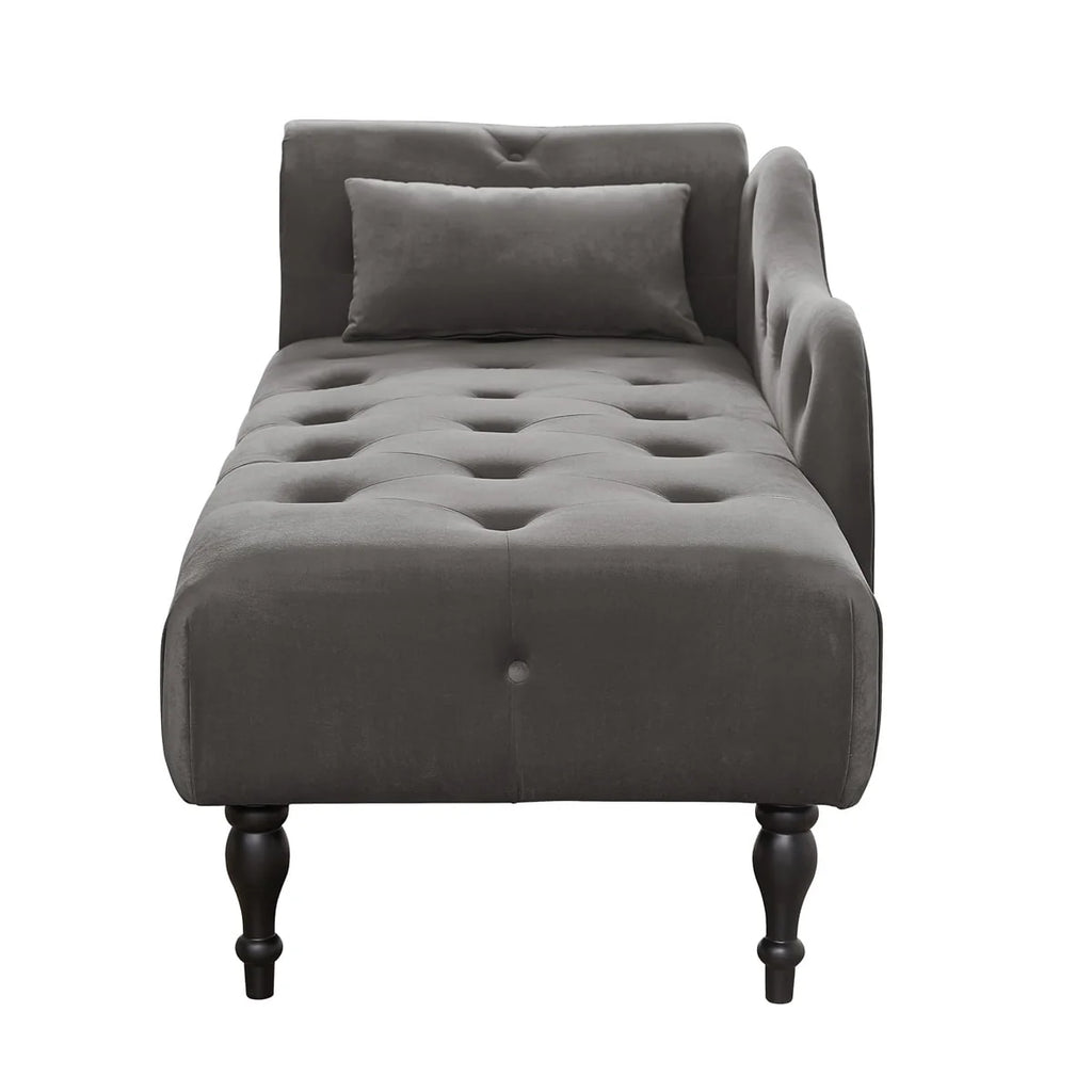 Velvet Chaise Lounge, Rolled Arm Chaise Lounges with 1 Pillow & Solid Wood Legs, 60.6" Left Arm Tufted Lounger Sleeper Sofa Facing Chaise Lounge with Buttons Tufted Nail Head Trimmed, Grey