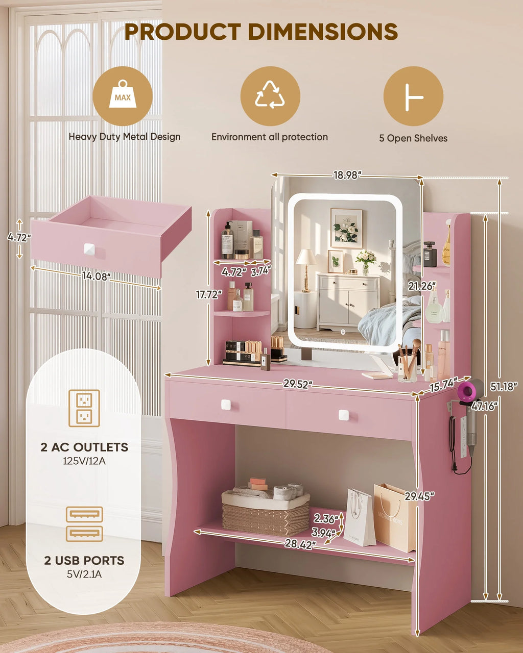 LIVELYGLOW Vanity Desk Set with Square Mirror and Light- Small Vanity Table with Drawers- White
