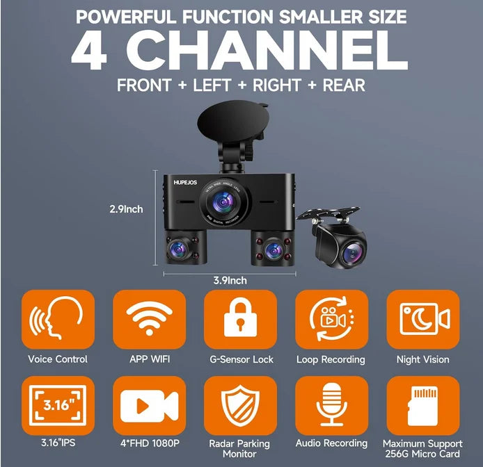 HUPEJOS Dash Cam 4 Channel, 360 Car Camera with 64GB Card, Voice Control, 2K/1080P Dashcam for Car Front and Rear Inside, IR Night Vision, WiFi & APP Supported, Parking Mode, 3.16" IPS Screen