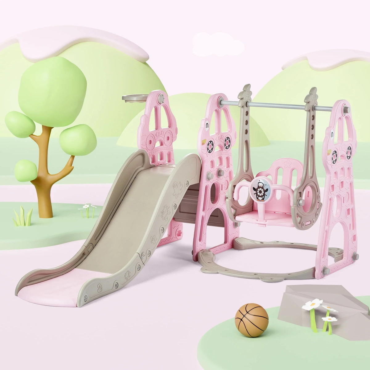 DUKE BABY 4-in-1 Kids Swing and Slide Set for Toddler Age 1-6, Extra Large Baby Indoor Outdoor Activity Playground with Basketball Hoop and Climber Pink