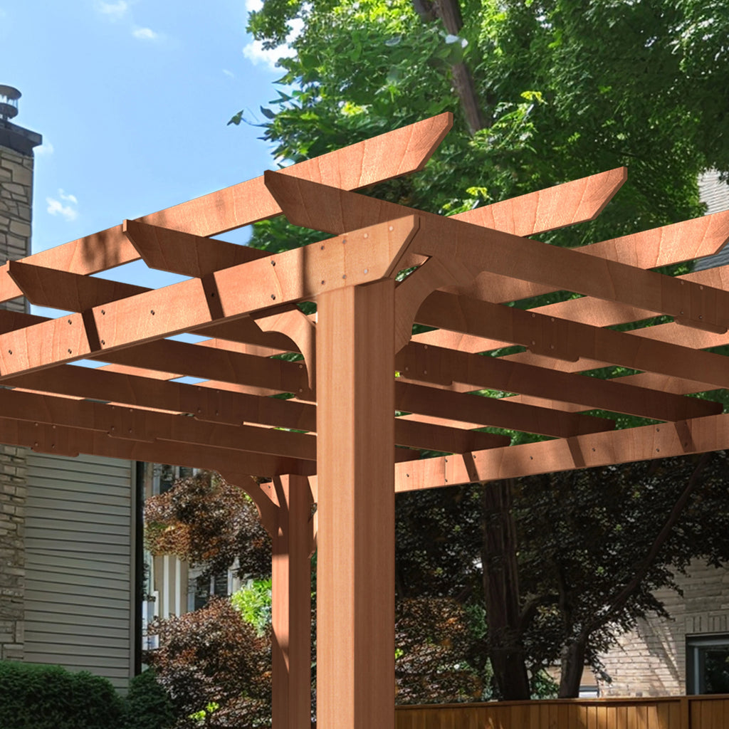 VEIKOUS 12'x10' Cedar Wood Pergola w/ Flat Roof and Ground Stakes for Outdoor Patio, Garden, Deck