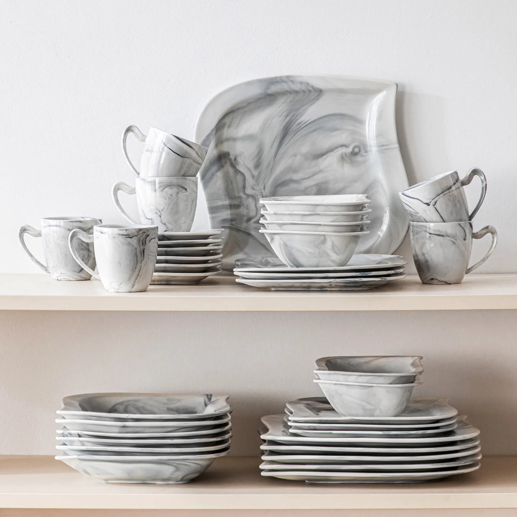 vancasso 36 pcs Dinnerware Sets, Plates and Bowls Set for 6, Porcelain Dinner Set, Marble Gray
